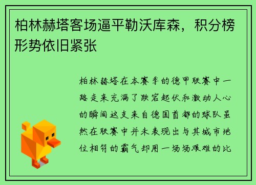 柏林赫塔客场逼平勒沃库森，积分榜形势依旧紧张