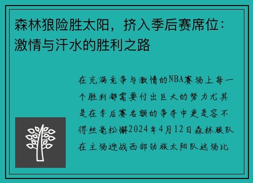 森林狼险胜太阳，挤入季后赛席位：激情与汗水的胜利之路