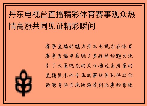 丹东电视台直播精彩体育赛事观众热情高涨共同见证精彩瞬间